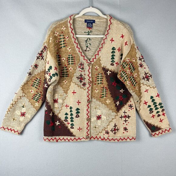 VTG Eagles Eye Cardigan Sweater Womens XL 3D Knit Chunky Christmas Artsy 90s - Picture 1 of 16